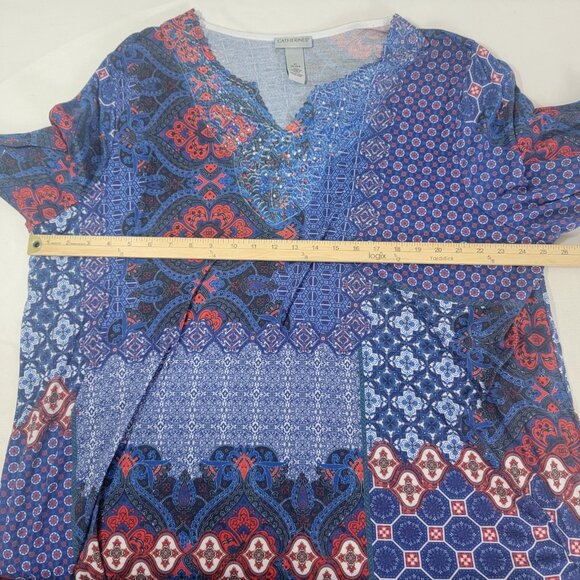 Catherines Women's 3/4 Sleeve Blue Red Print Women's Shirt Top Crystal Accent 3X - Picture 6 of 7